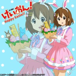 Rule 34 | 1girl, animal ears, artist name, basket, brown hair, chibi, chocolate, dress, easter, easter egg, easter theme, egg, fake animal ears, hair ornament, hairclip, happy, highres, hirasawa yui, holding, holding basket, instagram, k-on!, looking at viewer, medium hair, non-web source, open mouth, pink dress, rabbit ears, solo, standing, teeth