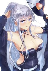 Rule 34 | 1girl, azur lane, bare shoulders, baseball cap, belt, blue eyes, breasts, cleavage, collarbone, criss-cross halter, detached collar, enterprise (azur lane), enterprise (wind catcher) (azur lane), eyewear on headwear, from above, halterneck, hat, unworn hat, unworn headwear, jacket, large breasts, long hair, looking at viewer, notofuku, off shoulder, official alternate costume, open mouth, ponytail, race queen, removing hat, sidelocks, silver hair, smile, solo, strapless, sunglasses, tube top, unzipped, upper body, very long hair, zipper, zipper pull tab