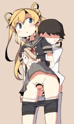 Rule 34 | 1boy, 1girl, abukuma (kancolle), bike shorts, blonde hair, blue eyes, blush, grabbing another&#039;s breast, breasts, censored, clothes lift, clothes pull, dokan (dkn), frottage, grabbing, hair rings, highres, kantai collection, panties, panty pull, penis, pussy, sailor collar, shorts, shorts pull, simple background, skirt, skirt lift, small breasts, underwear