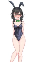 Rule 34 | 1girl, absurdres, animal ears, arms behind back, bare legs, black hair, black leotard, blush, bow, bowtie, braid, cevio, detached collar, embarrassed, feet out of frame, gluteal fold, green bow, green bowtie, green eyes, hair between eyes, hair over shoulder, hanakuma chifuyu, haraheri06, highres, leotard, long hair, low twintails, nose blush, playboy bunny, rabbit ears, side braids, simple background, solo, strapless, strapless leotard, synthesizer v, thigh gap, twin braids, twintails, white background