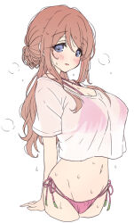 1girl bikini bikini_under_clothes blue_eyes blush breasts brown_hair commentary_request cropped_legs gakuen_idolmaster groin highres himesaki_rinami huge_breasts idolmaster long_hair looking_at_viewer mel_(melty_pot) navel official_alternate_costume pink_bikini shirt side-tie_bikini_bottom simple_background smile solo steam sweat swimsuit t-shirt thighhighs white_background white_shirt