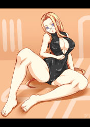 Rule 34 | 1girl, areola slip, bare legs, barefoot, blonde hair, blue eyes, breasts, feet, female focus, front zipper swimsuit, head tilt, large breasts, letterboxed, long hair, meme attire, nail polish, one-piece swimsuit, original, osafune kairi, parted bangs, sitting, solo, spread legs, swimsuit, very long hair