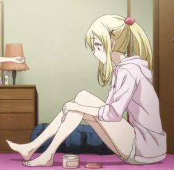 Rule 34 | 10s, bare legs, barefoot, blonde hair, feet, from side, hair ornament, hands on legs, hood, hoodie, legs, lotion, lowres, ponytail, shiraishi urara, shorts, sitting, on floor, smile, thighs, x hair ornament, yamada-kun to 7-nin no majo