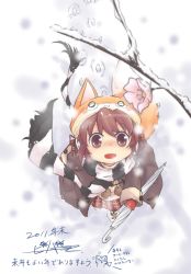 Rule 34 | 1girl, :3, animal ears, animal hat, blush, boots, branch, breath, brown eyes, brown hair, cherry blossoms, flower, footprints, fox, fox ears, fox tail, gloves, hat, jacket, looking up, o o, open mouth, original, plaid, plaid skirt, pleated skirt, scarf, short hair, skirt, smile, snow, snowing, solo, spring (season), striped, tail, umbrella, viva!!, winter