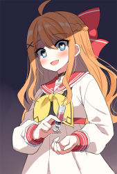 Rule 34 | 1girl, :d, ahoge, aitti (vtuber), blue eyes, blush, bow, braid, dress, hair between eyes, hair bow, hair ornament, heart, heart-shaped pupils, holding, holding syringe, indie virtual youtuber, long hair, long sleeves, looking at viewer, mauve, neckerchief, open mouth, orange hair, puffy long sleeves, puffy sleeves, red bow, red sailor collar, sailor collar, sailor dress, smile, solo, symbol-shaped pupils, syringe, textless version, very long hair, virtual youtuber, white dress, x hair ornament, yellow neckerchief