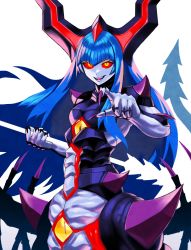 Rule 34 | 1girl, blue hair, breasts, centauroid, colored sclera, demon girl, demon horns, demon wings, diabolica the draconique general, dragon tail, duel monster, highres, holding, holding polearm, holding weapon, horns, long hair, looking at viewer, pale skin, pointing, pointing at viewer, polearm, red sclera, small breasts, smile, tail, taur, very long hair, weapon, white background, wings, yellow eyes, yu-gi-oh!, zidai okuraven