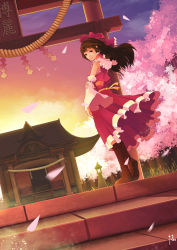 Rule 34 | 1girl, absurdres, bird, boots, breasts, brown eyes, brown hair, cherry blossoms, cloud, detached sleeves, diandianzai, dutch angle, forest, frilled skirt, frills, grass, hakurei reimu, hakurei shrine, hand on own arm, highres, knee boots, light smile, long hair, looking at viewer, midriff, nature, night, night sky, perspective, petals, pink sky, red skirt, ribbon-trimmed sleeves, ribbon trim, rope, sarashi, shimenawa, signature, skirt, sky, sleeveless, solo, stairs, stone lantern, sunset, torii, touhou, tree, twilight, wind