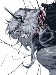 Rule 34 | 1girl, arknights, blood, blood on clothes, blood on face, dress, grey hair, highres, hkeno, horns, injury, long sleeves, simple background, theresa (arknights), upper body, white background, wire