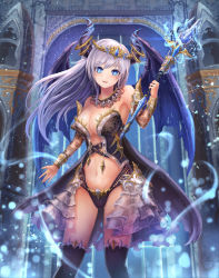 Rule 34 | 1girl, bare shoulders, black thighhighs, black wings, blue eyes, breasts, cape, cleavage, corset, demon girl, detached sleeves, dragon girl, female focus, hair ornament, horns, ice, indoors, jewelry, long hair, looking at viewer, lunacle, magic, magician, necklace, original, panties, silver hair, snow, solo, staff, standing, thighhighs, tiara, underwear, weapon, wings, witch
