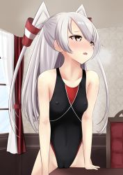 Rule 34 | 1girl, absurdres, amatsukaze (kancolle), black one-piece swimsuit, breasts, breath, brown eyes, cameltoe, collarbone, competition swimsuit, covered erect nipples, covered navel, cowboy shot, crotch rub, female masturbation, hair tubes, highleg, highleg swimsuit, highres, indoors, kantai collection, long hair, masturbation, nokonoko, one-piece swimsuit, pussy juice, silver hair, small breasts, solo, swimsuit, table humping, two side up, window