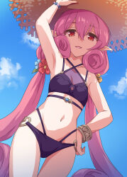 Rule 34 | 1girl, arm up, armpits, bare shoulders, bikini, blue sky, blush, bracelet, breasts, collarbone, commentary request, elf, female focus, flower, hair flower, hair ornament, hat, highres, jewelry, long hair, looking at viewer, marugoshi (54burger), navel, neneka (princess connect!), neneka (summer) (princess connect!), open mouth, outdoors, partial commentary, pink eyes, pink hair, pointy ears, princess connect!, purple bikini, sky, small breasts, smile, solo, standing, straw hat, swimsuit, thigh gap, thighs, twintails, very long hair