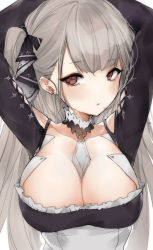 Rule 34 | 1girl, arms up, azur lane, bare shoulders, between breasts, black dress, blush, breasts, cleavage, dress, earrings, formidable (azur lane), frilled dress, frills, grey hair, hair ornament, hair ribbon, highres, jewelry, large breasts, long hair, long sleeves, looking at viewer, peanutc, red eyes, ribbon, solo, twintails