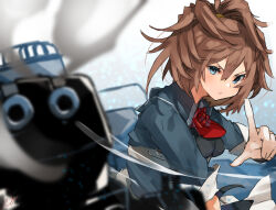 Rule 34 | 1girl, aiming, aiming at viewer, blue eyes, blurry, blurry foreground, breasts, brown hair, closed mouth, hair between eyes, highres, kantai collection, looking at viewer, medium breasts, pointing, pointing at viewer, ponytail, rigging, sheffield (kancolle), simple background, smoke, solo, sunday aki, turret, upper body