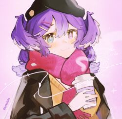 Rule 34 | 1girl, alternate costume, black beret, black coat, blue eyes, closed mouth, coat, coffee cup, cup, disposable cup, english text, fang, hair ornament, hairclip, head wings, heterochromia, highres, long hair, nijisanji, nijisanji en, purple background, purple eyes, purple hair, red scarf, renkkai, scarf, selen tatsuki, signature, skin fang, smile, solo, upper body, virtual youtuber, wings, winter clothes