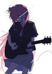 Rule 34 | 1girl, black shirt, blue eyes, bocchi the rock!, closed mouth, commentary, corrupted twitter file, cowboy shot, cube hair ornament, expressionless, eye trail, glowing, glowing eyes, glowing streaks, gotoh hitori, grey skirt, guitar, hair ornament, hashtag-only commentary, highres, holding, holding guitar, holding instrument, instrument, light trail, long hair, molu stranger, pink hair, playing guitar, pleated skirt, shirt, short sleeves, simple background, skirt, solo, white background