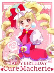 Rule 34 | 1girl, aisaki emiru, ascot, bow, character name, cure macherie, dated, dress, drill hair, earrings, gloves, hair bow, hair ornament, happy birthday, heart pouch, hugtto! precure, jewelry, layered dress, long hair, looking at viewer, magical girl, open mouth, pink ascot, pink background, pom pom (clothes), pom pom earrings, precure, puffy sleeves, red bow, red eyes, short sleeves, smile, solo, tanshi tanshi, twin drills, twintails, twitter username, very long hair, white gloves
