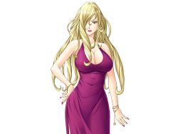 Rule 34 | 1girl, ail soft, bare shoulders, blonde hair, bracelet, breasts, cleavage, dress, game cg, hair over one eye, hand on own hip, jewelry, kagami yukino, large breasts, lipstick, long hair, looking at viewer, makeup, mesu nie onna kyoushi, nail polish, necklace, side slit, simple background, solo, standing, yellow eyes