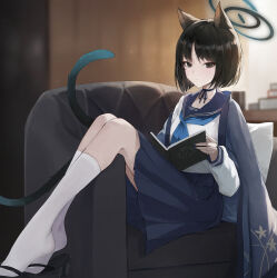 Rule 34 | 1girl, absurdres, animal ears, black dress, black hair, blue archive, cat ears, cat tail, closed mouth, dress, haori, highres, japanese clothes, jiang zhuti jiojio, kikyou (blue archive), looking at viewer, multiple tails, short hair, solo, tail, two tails