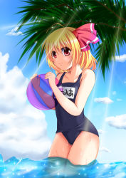 Rule 34 | 1girl, ahoge, ball, beachball, blonde hair, embodiment of scarlet devil, female focus, fule, highres, light rays, name tag, one-piece swimsuit, red eyes, rumia, school swimsuit, short hair, solo, submerged, sunbeam, sunlight, swimsuit, touhou, wading, water