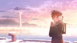Rule 34 | 1girl, alternate costume, backpack, bag, black coat, black hair, blue ribbon, breath, brown eyes, cloud, coat, commentary request, earmuffs, folded ponytail, gradient sky, hair ribbon, hat, kantai collection, kasuga maru (kancolle), key kun, lighthouse, long hair, mittens, outdoors, peaked cap, ribbon, scenery, sky, solo, sunrise, swept bangs, taiyou (kancolle), white hat, winter clothes