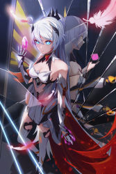 Rule 34 | 1girl, absurdres, ahoge, armor, armored boots, back-to-back, bare shoulders, blue eyes, boots, breasts, cleavage, closed mouth, crystal, different reflection, dress, feathers, gauge, hair between eyes, hair ornament, highres, honkai (series), honkai impact 3rd, kiana kaslana, kiana kaslana (herrscher of flamescion), kiana kaslana (herrscher of the void), mirror, ooo wange, ponytail, reflection, shards, single wing, sleeveless, sleeveless dress, solo, white dress, white hair, wing collar, wings, yellow background