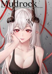 Rule 34 | 1girl, 1other, absurdres, arknights, bare shoulders, black tank top, breasts, bright pupils, character name, cleavage, commentary, grin, heart, heart-shaped pupils, highres, horns, large breasts, long hair, looking at viewer, mudrock (arknights), parted lips, pink lips, red eyes, rossweisserita3, smile, solo focus, symbol-shaped pupils, tank top, upper body, very long hair, white hair, white pupils