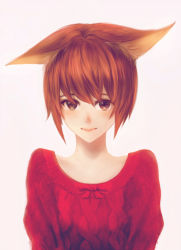 Rule 34 | 1girl, animal ears, blush, bow, breasts, brown hair, cat ears, commentary, ear down, embarrassed, lips, looking at viewer, original, red sweater, sakimori (hououbds), short hair, shrugging, simple background, small breasts, smile, solo, sweater, upper body