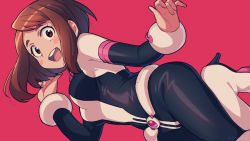 Rule 34 | 1girl, :d, asada hachi, belt, black bodysuit, blush stickers, bodysuit, boku no hero academia, boots, breasts, brown eyes, brown hair, commentary, dutch angle, floating hair, hand up, happy, high heel boots, high heels, highres, long sleeves, looking at viewer, medium breasts, multicolored bodysuit, multicolored clothes, open mouth, red background, short hair, sidelocks, simple background, skin tight, smile, solo, superhero costume, teeth, twitter username, upper teeth only, uraraka ochako, watermark, white bodysuit, white footwear