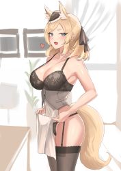 Rule 34 | 1girl, 360 (taiyo360), :d, absurdres, animal ear fluff, animal ears, arknights, bare arms, bare shoulders, black bra, black hat, black panties, black ribbon, black thighhighs, blonde hair, blue eyes, blush, bra, breasts, cleavage, clothes lift, commentary request, cowboy shot, garter straps, hair ribbon, hat, heart, highres, horse ears, large breasts, long hair, looking at viewer, mini hat, open mouth, panties, partial commentary, pelvic curtain, pelvic curtain lift, ribbon, smile, solo, standing, tail, thick eyebrows, thighhighs, thighs, underwear, whislash (arknights)