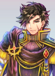Rule 34 | 1boy, asymmetrical hair, black cape, black coat, black hair, brown eyes, cape, closed mouth, coat, commentary request, epaulettes, facial scar, grey background, king schmidt, looking at viewer, male focus, military, military uniform, misuguu, ragnarok online, scar, scar on cheek, scar on face, short hair, simple background, smile, solo, tassel, uniform, upper body