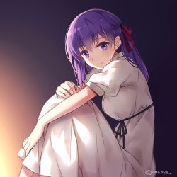 Rule 34 | 1girl, bow, commentary request, dress, fate/stay night, fate (series), gradient background, hair bow, hair ribbon, long hair, looking at viewer, matou sakura, nyanya, official alternate costume, purple eyes, purple hair, ribbon, simple background, sitting, smile, solo, twitter username, white dress