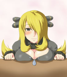 Rule 34 | 00s, 1girl, :3, bad id, bad pixiv id, blonde hair, blush, breast rest, breasts, cleavage, creatures (company), cynthia (pokemon), feather boa, fur trim, game freak, grey eyes, hair ornament, hair over one eye, large breasts, long hair, looking at viewer, nintendo, pokemon, pokemon dppt, poko chin, pov, smile, solo