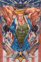Rule 34 | 1boy, absurdres, arms behind head, arms up, bara, blonde hair, dog tags, facial hair, fefeather, goatee, green tank top, guile, highres, male focus, muscular, muscular male, street fighter, street fighter 6, tank top