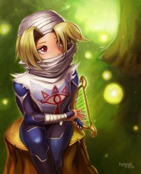 Rule 34 | 1girl, androgynous, bandages, blonde hair, braid, forest, gloves, hat, hybridmink, long hair, mask, nature, nintendo, pointy ears, red eyes, reverse trap, sheik, solo, surcoat, the legend of zelda, the legend of zelda: ocarina of time