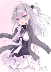 Rule 34 | 1girl, absurdres, blue eyes, bodysuit, corset, elbow gloves, gloves, grey hair, grey sailor collar, highres, hizaka, jacket, jacket on shoulders, kantai collection, long hair, neckerchief, one-hour drawing challenge, one side up, pantyhose, sailor collar, skirt, solo, suzutsuki (kancolle), white bodysuit, white gloves, white neckerchief, white pantyhose, white skirt
