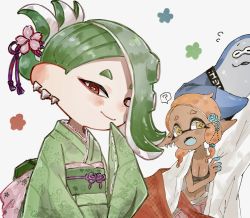 Rule 34 | 1boy, 2girls, ?, big man (splatoon), blue flower, blue skin, blue tongue, breasts, bright pupils, cephalopod eyes, cherry blossoms, cleavage, closed mouth, collarbone, colored eyelashes, colored skin, colored tongue, cross-shaped pupils, dark-skinned female, dark skin, earrings, eyeliner, fang, floral print, flower, flying sweatdrops, frye (splatoon), green hair, green kimono, groin, hair flower, hair ornament, hair up, highres, horizontal pupils, inkling, japanese clothes, jewelry, kimono, long hair, long sleeves, looking at viewer, makeup, manta ray, medium breasts, multicolored skin, multiple earrings, multiple girls, navel, nintendo, obi, octoling, official alternate costume, open mouth, orange hair, pink flower, plum0o0, pointy ears, red eyeliner, red eyes, sash, shiver (splatoon), simple background, smile, speech bubble, splatoon (series), splatoon 3, spoken question mark, suction cups, symbol-shaped pupils, tentacle hair, two-tone skin, white background, white pupils, wide sleeves, yellow eyes