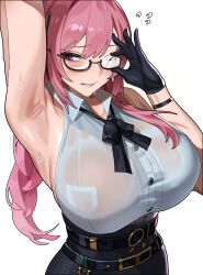 1girl absurdres adjusting_eyewear arm_up armpits bare_shoulders black_skirt breasts commentary english_commentary furrowed_brow glasses hair_between_eyes high-waist_skirt highres huge_breasts long_hair looking_to_the_side neck_ribbon one_eye_closed pink_hair presenting_armpit purple_eyes ribbon see-through_clothes shikube shirt sidelocks simple_background skirt sleeveless sleeveless_shirt solo sweat textless_version tsukishiro_yanagi upper_body very_long_hair white_background zenless_zone_zero