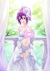 Rule 34 | 1girl, artist name, bad id, bad twitter id, bare shoulders, blue eyes, curtains, detached sleeves, dress, embarrassed, hair ornament, heart, heart hands, high ponytail, jagaimo (kkamja), looking away, navel, open mouth, purple eyes, purple hair, railing, see-through, short hair, sleeveless, solo, standing, thighhighs, tree, wavy mouth, white dress, white thighhighs