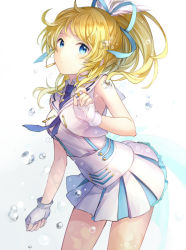 Rule 34 | 10s, 1girl, ayase eli, blonde hair, blue eyes, fingerless gloves, gloves, hair ribbon, hat, love live!, love live! school idol project, necktie, ponytail, ribbon, rio.lw, simple background, solo, water, water drop, wonderful rush