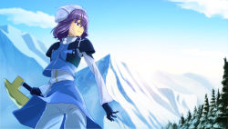 Rule 34 | 1girl, advent cirno, bad id, bad pixiv id, blue eyes, day, female focus, hat, highres, letty whiterock, mountain, nature, outdoors, parody, purple hair, shiba itsuki, short hair, sky, smile, solo, sword, touhou, tree, weapon