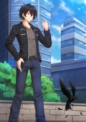 Rule 34 | 1boy, animal, belt, bird, black feathers, black hair, black jacket, blue sky, borrowed character, breast pocket, building, bush, city, clenched hand, collarbone, crow, day, denim, expressionless, feathers, hand on own hip, highres, jacket, kazenokaze, male focus, open clothes, open jacket, original, pants, pocket, red eyes, reflection, sky, skyscraper, solo, standing, sunlight, wall