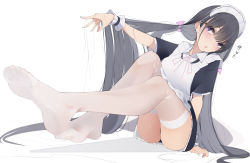 Rule 34 | 1girl, apron, ass, black hair, black panties, blush, breasts, eyeliner, feet, foot focus, foreshortening, highres, long hair, maid, maid apron, maid headdress, makeup, open mouth, original, panties, purple eyes, sitting, soles, solo, sweat, thighhighs, toes, underwear, unimon e, very long hair, white thighhighs