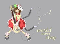Rule 34 | 1girl, animal ears, cat ears, cat tail, chen, english text, engrish text, female focus, fox mask, guitar, instrument, mask, multiple tails, ranguage, solo, tail, touhou, two tails
