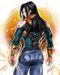 Rule 34 | 1boy, android, aura, bare shoulders, black hair, blue eyes, denim, dragon ball, dragon ball gt, energy, fusion, gloves, highres, jeans, long hair, looking away, looking to the side, male focus, multiple views, muscular, muscular arms, muscular back, muscular male, ornament, pants, power, smile, smirk, smug, super 17, super android 17, suspenders, turnaround