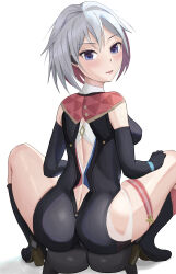Rule 34 | 1girl, absurdres, ass, blue eyes, blush, breasts, butt crack, detached sleeves, dgm, from behind, gloves, highres, honkai: star rail, honkai (series), huge ass, leotard, looking at viewer, looking back, medium breasts, multicolored hair, numby (honkai: star rail), red hair, short hair, short shorts, shorts, sideboob, sitting, smile, solo, thigh strap, topaz (honkai: star rail), trotter (honkai: star rail), two-tone hair, white hair