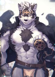Rule 34 | 1boy, abs, absurdres, ainu clothes, animal ears, animal nose, bar (place), bara, chest hair, clenched hands, furry, furry male, grey fur, grey hair, headband, highres, horkeu kamui, jacket, jacket on shoulders, large pectorals, madaato (psgw3383), male focus, multicolored hair, muscular, muscular male, nipples, no shirt, pectorals, pelvic curtain, scar, scar on face, short hair, snout, solo, tokyo houkago summoners, two-tone fur, two-tone hair, upper body, white background, white fur, wolf boy, wolf ears, yellow eyes