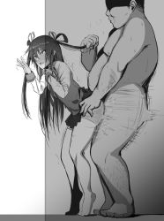Rule 34 | 1boy, 1girl, anegawa eiji, bad id, bad pixiv id, bent over, blush, clothed female nude male, clothed sex, fat, fat man, from side, grabbing another&#039;s hair, greyscale, heavy breathing, hetero, highres, leaning forward, long hair, mizuki yukikaze, moaning, monochrome, netorare, nude, pleated skirt, rape, ribbon, school uniform, sex, sex from behind, skirt, smile, standing, stealth sex, sweat, taimanin (series), taimanin asagi kessen arena, taimanin yukikaze, thighhighs, through wall, twintails, ugly man, vaginal, wall, white thighhighs