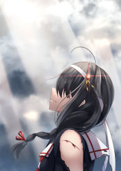 Rule 34 | 1girl, absurdres, ahoge, arugou, black hair, braid, cloud, commentary request, deep wound, grey sky, hair flaps, hair ornament, hair over eyes, hair over shoulder, headband, highres, injury, kantai collection, light rays, looking up, neckerchief, red neckerchief, sailor collar, shigure (kancolle), shigure kai ni (kancolle), single braid, sky, solo, sunbeam, sunlight, torn clothes, upper body, white headband, white sailor collar