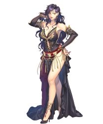 Rule 34 | 1girl, bare shoulders, black dress, black footwear, black hair, breasts, cleavage, dress, female focus, fire emblem, fire emblem: the blazing blade, fire emblem heroes, full body, hand on own hip, high heels, highres, large breasts, long hair, makeup, navel, nintendo, official art, pale skin, solo, sonia (fire emblem: the blazing blade), standing, thighs, transparent background, yellow eyes