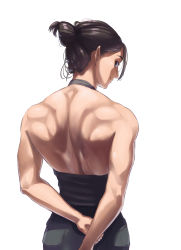 Rule 34 | 1girl, 702 96, arms behind back, back, bare back, bare shoulders, black eyes, black hair, black pants, cowboy shot, eyelashes, female focus, hair bun, head tilt, highres, looking at viewer, looking back, muscular, muscular female, original, pants, pocket, pointy ears, profile, shiny clothes, shiny skin, short hair, single hair bun, solo, solo focus, white background